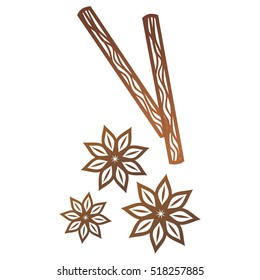 Star anise and cinnamon sticks. Vector illustration.