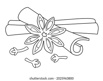 Star anise, cloves and cinnamon sticks - spices vector linear illustration for coloring. Spices - cinnamon, cloves and star anise - aromatherapy spice composition for coloring