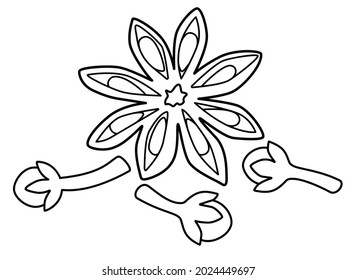 Star Anise And Cloves - Spices Vector Linear Illustration For Coloring Coloring Or Logo. Outline. Spices - star anise and carnation - an element for a coloring book or sign for identity.
