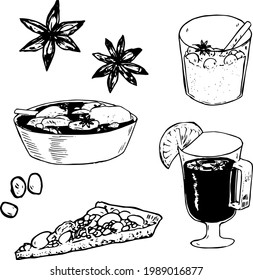 Star Anise ink illustration set. Tea, dessert, pie and soup hand drawn elements. Food and drink vector drawing. Herbs and local dishes theme. Monochrome texture style. 