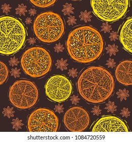 Star anise, orange pattern. Seamless vector illustration background. Flat design style.