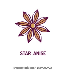 Star Anise Plant With Caption Color Line Icon. Spices, Seasoning. Cooking Ingredient. Pictogram For Web Page, Mobile App, Promo.