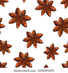 Star anise seamless pattern. Condiment background. Organic food concept. Star anise pattern for fabric, packaging, coffee and bakery shops. Hand Drawn vector illustration