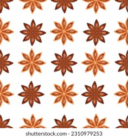 Star Anise seamless pattern. Dried Star Aniseed or lllicium Verum, Star anise dessert spice fruit and seeds. Vector illustration. Used for Seasoning in Cooking