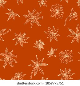 Star anise seamless pattern. Line art. Design for fabric, cafe, wallpaper, packaging.