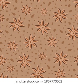 Star anise spice, chai tea latte design with illustrated pod and seed ingredient elements. Warm light brown, monochromatic, stylised, simple, abstract seamless repeat pattern background texture