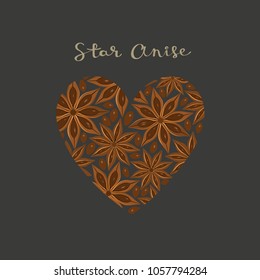   Star Anise spice in a heart shape on the black background vector isolated illustration