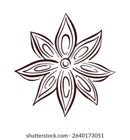 Star anise spice with petal segment in line art style. Perfect for culinary design, food packaging, herbal product decoration and botanical illustration.