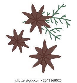 Especias de anís estrellado. Condimento indio aromático, condimento. Ingrediente de badian seco y sabor marrón. Ilustración vectorial plana aislada sobre fondo blanco