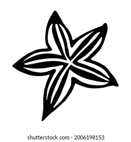 Star anise vector icon. Isolated illustration on a white background. Hand-drawn doodle. Black contour of spices. Seasoning for sweet dishes. Food sketch. Monochrome.