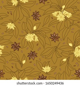Star Anise Vector Line Seamless Pattern Design on Ochre. Illicium Anisatum