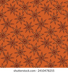 Star Anise cálido patrón sin costuras. Semillas de Anisema Estelar Secas utilizadas para la siembra en la cocina.