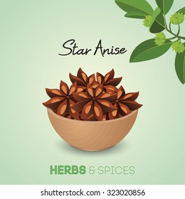 Star anise in wooden bowl