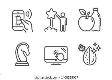 Star, Apple And Touch Screen Icons Simple Set. Marketing Strategy, Bitcoin Pay And Dirty Water Signs. Launch Rating, Diet Food. Business Set. Line Star Icon. Editable Stroke. Vector