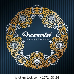 Star Arabic Frame. Islamic design framed by golden patterns. Mosque decoration element. Elegance Background with Text input area in a center. Vector illustration.
