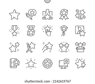 Estrella. Evaluación, revisión, medalla, calificación y otros. Fuegos artificiales de estrellas. Iconos De Línea Delgada De Vector Perfecto De Pixel. Pictograma mínimo simple