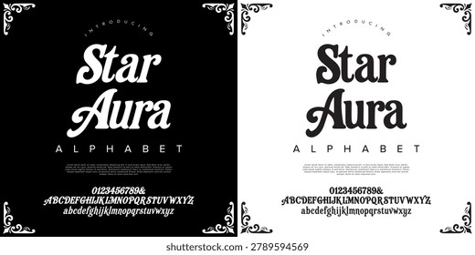 Star Aura retro bold script alphabet font with elegant decorative corner frame vector