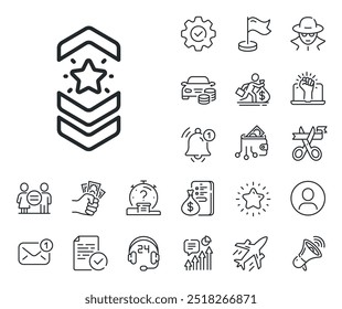 Star award sign. Salaryman, gender equality and alert bell outline icons. Shoulder strap stars line icon. Best rank symbol. Shoulder strap line sign. Spy or profile placeholder icon. Vector