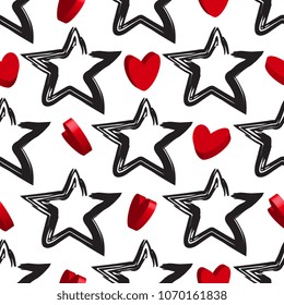 Star Background with 3d Hearts. Abstract Vector Seamless Pattern