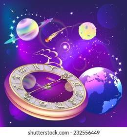 star background with clock and zodiac signs, vector illustration