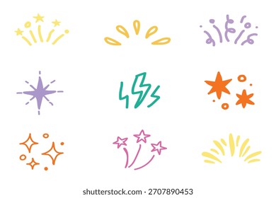 Conjunto de confeti de fondo de estrella. Dibujado a mano doodle Formas de estrellas y confeti de cumpleaños con chispa linda, Elementos de cepillo de brillo de vacaciones, y brillante patrón de dibujos animados para niños. Ilustración vectorial