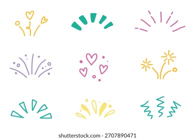 Conjunto de confeti de fondo de estrella. Dibujado a mano doodle Formas de estrellas y confeti de cumpleaños con chispa linda, Elementos de cepillo de brillo de vacaciones, y brillante patrón de dibujos animados para niños. Ilustración vectorial
