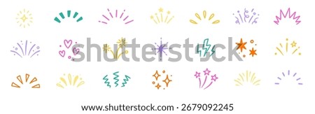 Star background confetti set. Hand drawn doodle star shapes and birthday confetti with cute sparkle, holiday twinkle brush elements, and glowing cartoon kid pattern. Vector illustration