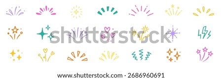 Star background confetti set. Hand drawn doodle star shapes and birthday confetti with cute sparkle, holiday twinkle brush elements, and glowing cartoon kid pattern. Vector illustration