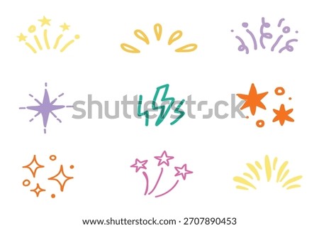 Star background confetti set. Hand drawn doodle star shapes and birthday confetti with cute sparkle, holiday twinkle brush elements, and glowing cartoon kid pattern. Vector illustration