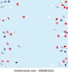 Star background. Pending red, blue, white stars of confetti on light blue. American coloring. Bright design. Suitable for your design, cards, invitations, gifts, vip.