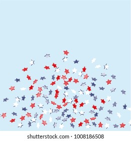 Star background. Pending red, blue, white stars of confetti on light blue. American coloring. Bright design. Suitable for your design, cards, invitations, gifts, vip.