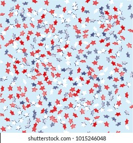 Star background. Pending red, blue, white stars of confetti on light blue. American coloring. Bright design. Suitable for your design, cards, invitations, gifts, vip.