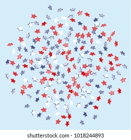 Star background. Pending red, blue, white stars of confetti on light blue. American coloring. Bright design. Suitable for your design, cards, invitations, gifts, vip.