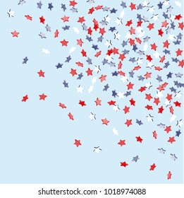 Star background. Pending red, blue, white stars of confetti on light blue. American coloring. Bright design. Suitable for your design, cards, invitations, gifts, vip.