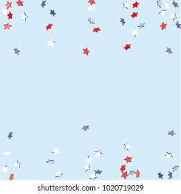 Star background. Pending red, blue, white stars of confetti on light blue. American coloring. Bright design. Suitable for your design, cards, invitations, gifts, vip.