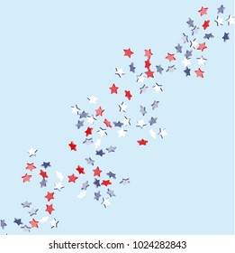 Star background. Pending red, blue, white stars of confetti on light blue. American coloring. Bright design. Suitable for your design, cards, invitations, gifts, vip.
