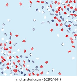 Star background. Pending red, blue, white stars of confetti on light blue. American coloring. Bright design. Suitable for your design, cards, invitations, gifts, vip.