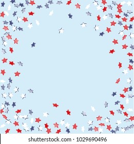 Star background. Pending red, blue, white stars of confetti on light blue. American coloring. Bright design. Suitable for your design, cards, invitations, gifts, vip.