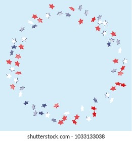 Star background. Pending red, blue, white stars of confetti on light blue. American coloring. Bright design. Suitable for your design, cards, invitations, gifts, vip.