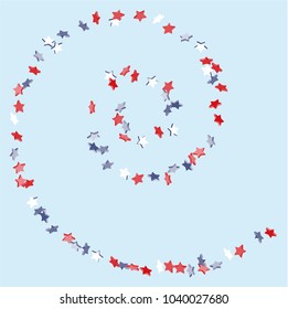 Star background. Pending red, blue, white stars of confetti on light blue. American coloring. Bright design. Suitable for your design, cards, invitations, gifts, vip.
