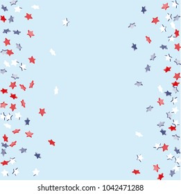 Star background. Pending red, blue, white stars of confetti on light blue. American coloring. Bright design. Suitable for your design, cards, invitations, gifts, vip.