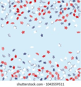 Star background. Pending red, blue, white stars of confetti on light blue. American coloring. Bright design. Suitable for your design, cards, invitations, gifts, vip.