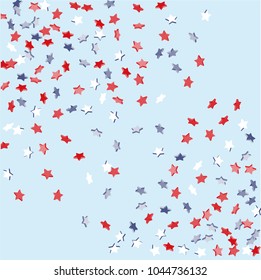 Star background. Pending red, blue, white stars of confetti on light blue. American coloring. Bright design. Suitable for your design, cards, invitations, gifts, vip.