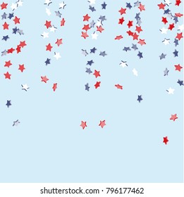 Star background. Pending red, blue, white stars of confetti on light blue. American coloring. Bright design. Suitable for your design, cards, invitations, gifts, vip.