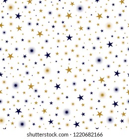 Star background seamless pattern. Golden and blue stars on white background for Merry christmas and Happy New Year season.