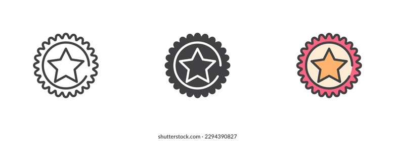 Juego de iconos de estilos diferentes con distintivos de estrella. Línea, glifo y contorno relleno versión colorida, contorno y signo vectorial relleno. Mejor símbolo de elección, ilustración del logotipo. Gráficos vectoriales