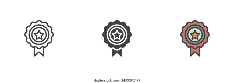 Sternenabzeichen unterschiedlicher Stil Icon Set. Linie, Glyphe und gefüllte Umrissfarben, Umriss und gefüllte Vektorgrafik. Qualitätszertifikatszeichen, Logo-Illustration. Vektorgrafik-Grafiken