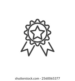 Star Badge line icon. linear style sign for mobile concept and web design. Badge with a star and ribbon outline vector icon. Quality recognition symbol, logo illustration. Vector graphics