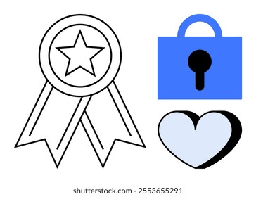 Star badge with ribbons, a blue padlock with a black keyhole, and a light blue heart. Ideal for quality assurance, security, love, trust, and certification themes. Simple line art style