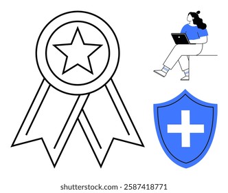 Star badge with ribbons, person using laptop while sitting, and shield with cross. Ideal for education, achievement, security, health, productivity, recognition, online learning. Line metaphor
